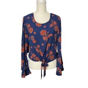 Self E Blue Floral Long Bell Sleeve Blouse Waist Tie Size Medium